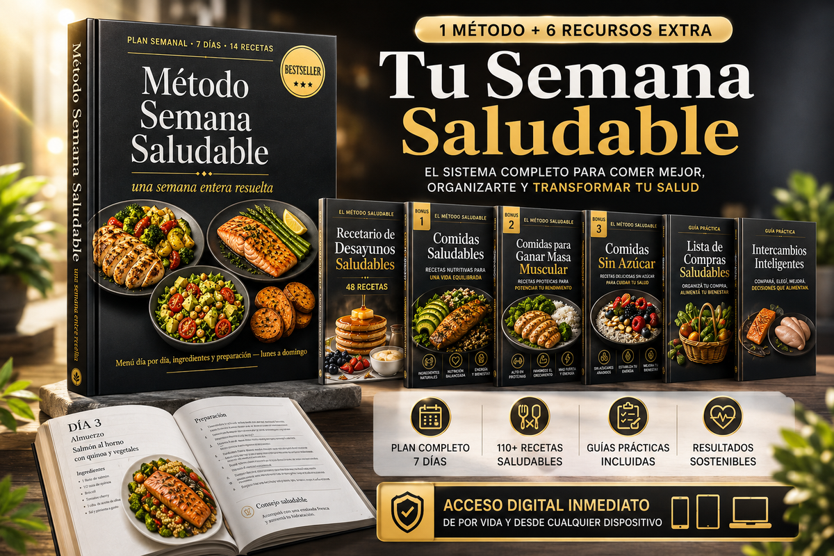 Imagen del método Semana Saludable de MI TIENDA con seis bonos para mejorar la salud y el bienestar.